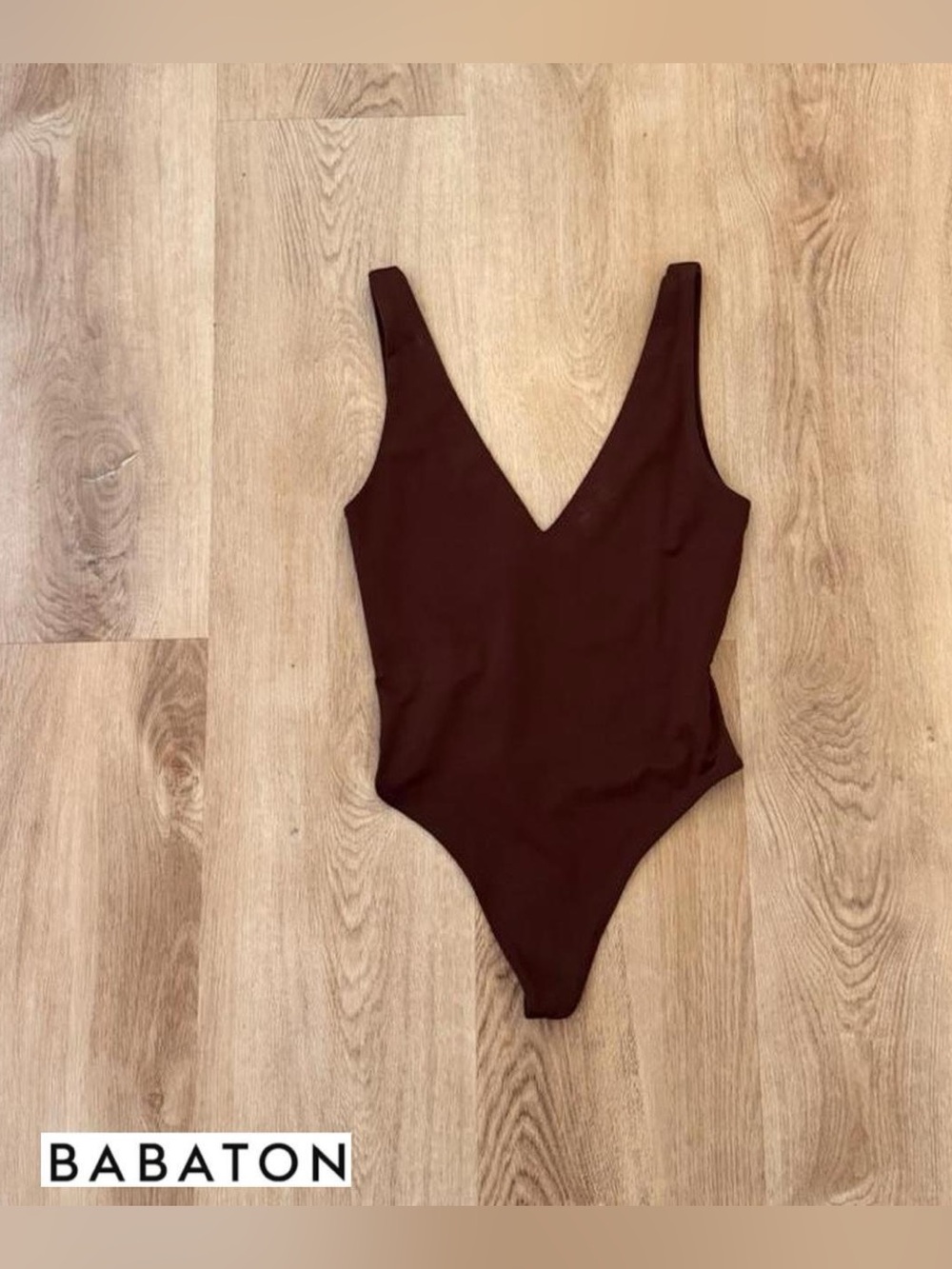 Babaton V-Neck One-Piece Bodysuit in Deep Brown